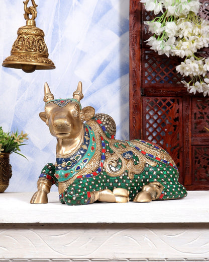 Superfine Brass Sitting Nandi Statue - 13.5 inch with Stonework - Budhshiv.com