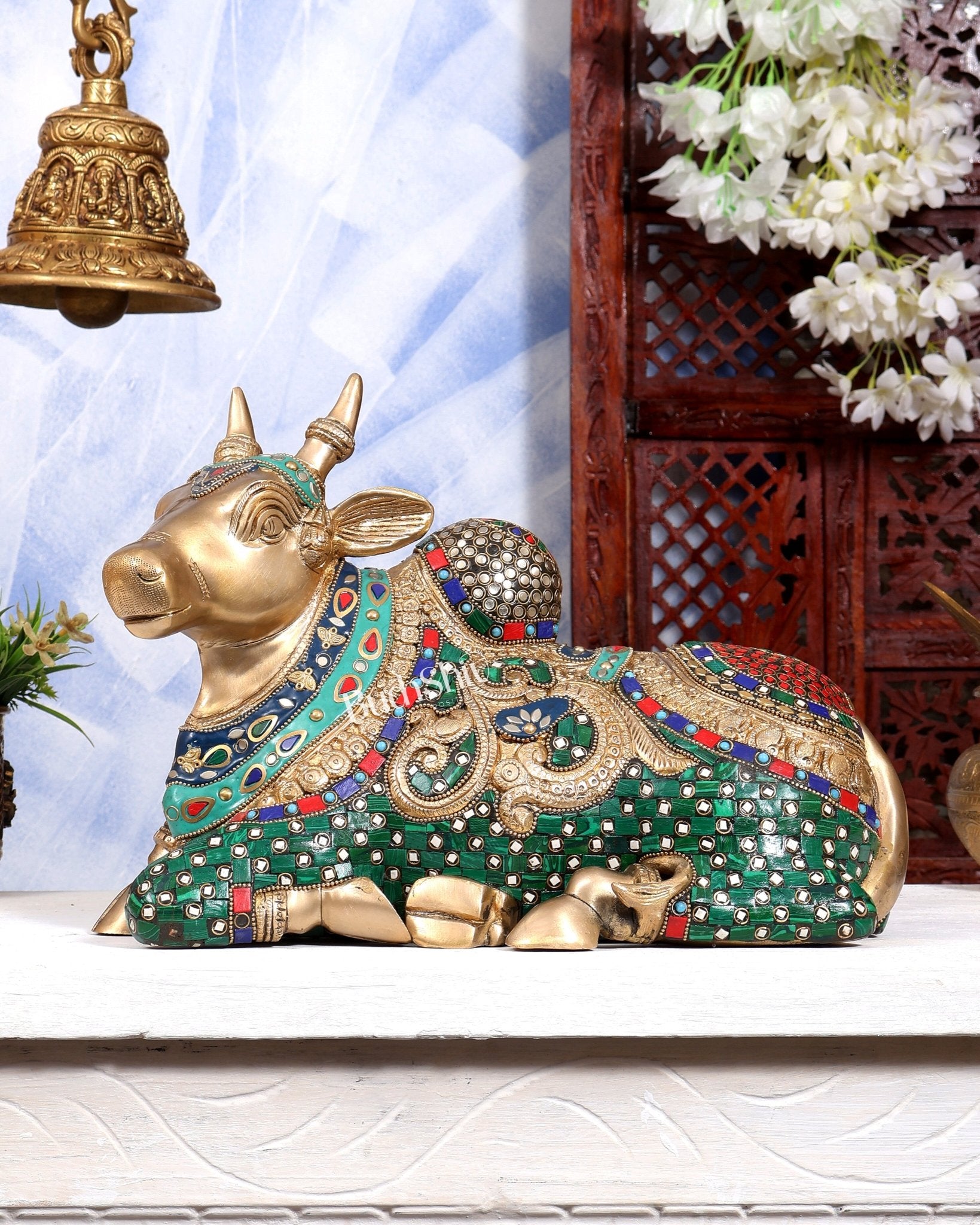 Superfine Brass Sitting Nandi Statue - 13.5 inch with Stonework - Budhshiv.com
