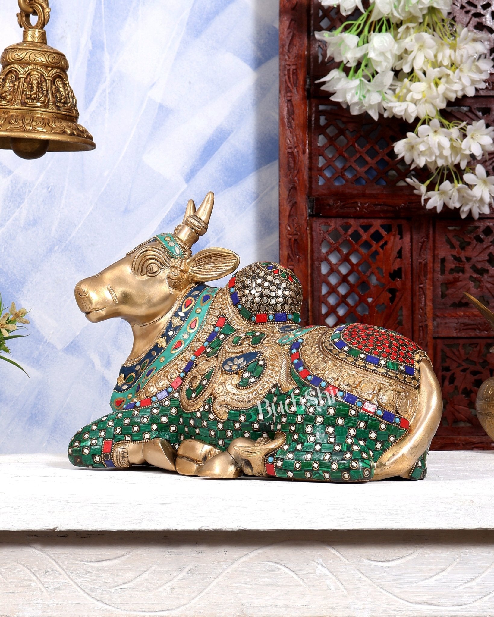 Superfine Brass Sitting Nandi Statue - 13.5 inch with Stonework - Budhshiv.com