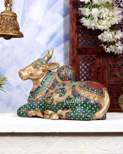 Superfine Brass Sitting Nandi Statue - 13.5 inch with Stonework - Budhshiv.com