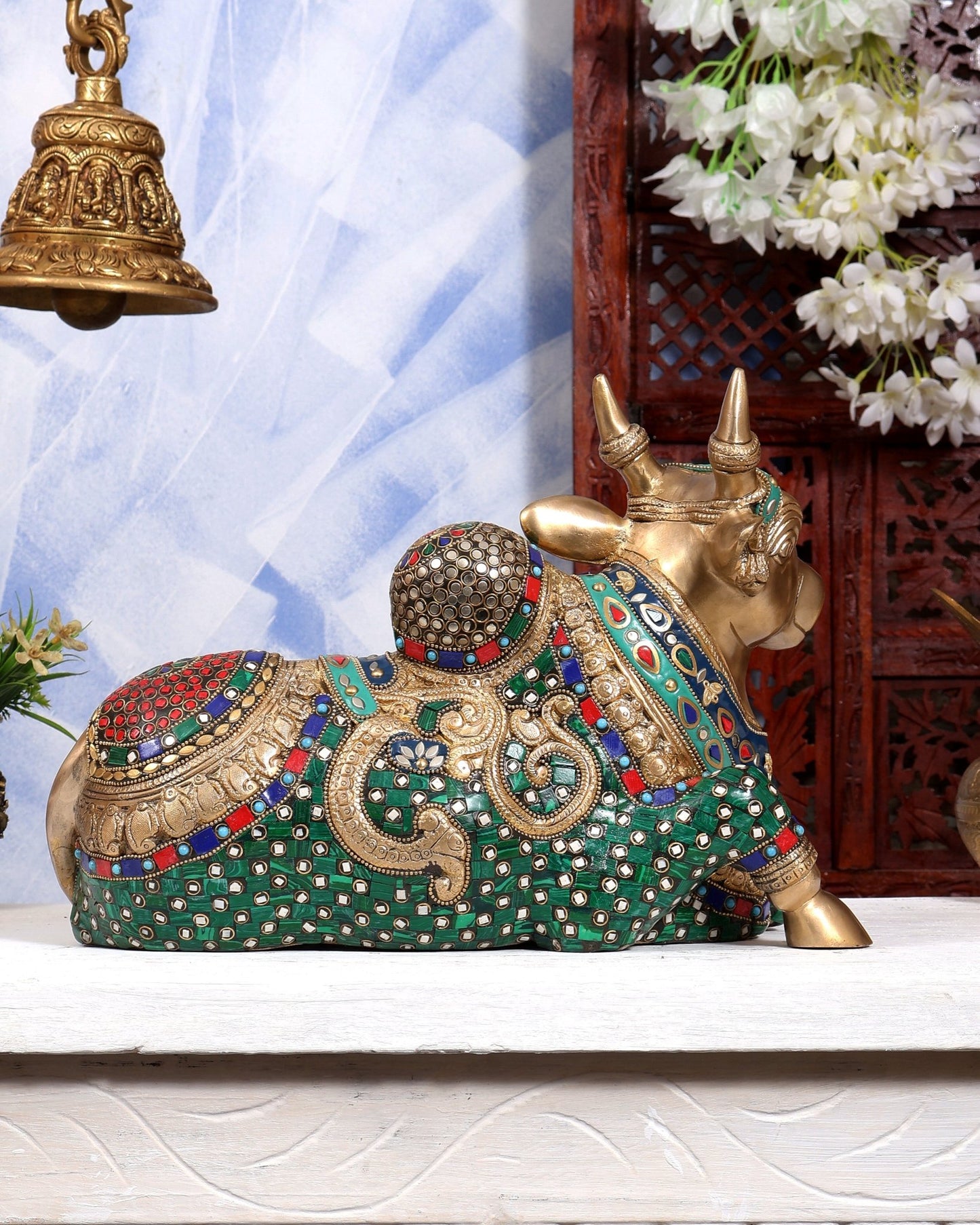 Superfine Brass Sitting Nandi Statue - 13.5 inch with Stonework - Budhshiv.com