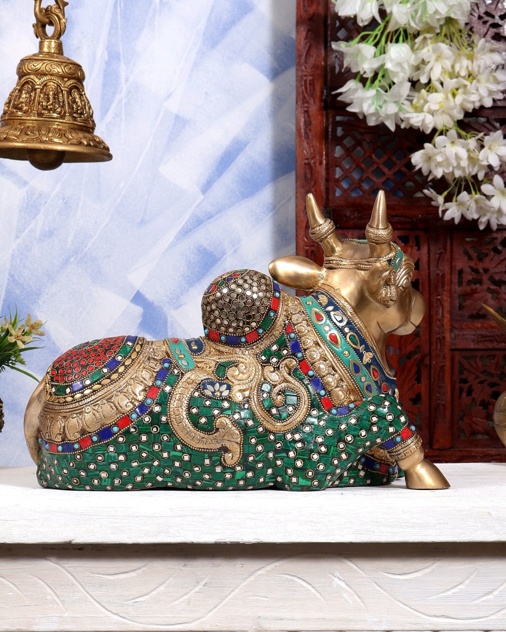 Superfine Brass Sitting Nandi Statue - 13.5 inch with Stonework - Budhshiv.com