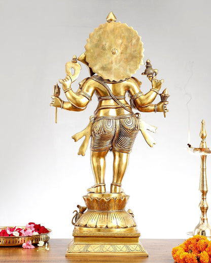 Superfine Brass Standing Ganesha Statue - 6 Arms, Shankh on Trunk - 26" Tall - Budhshiv.com