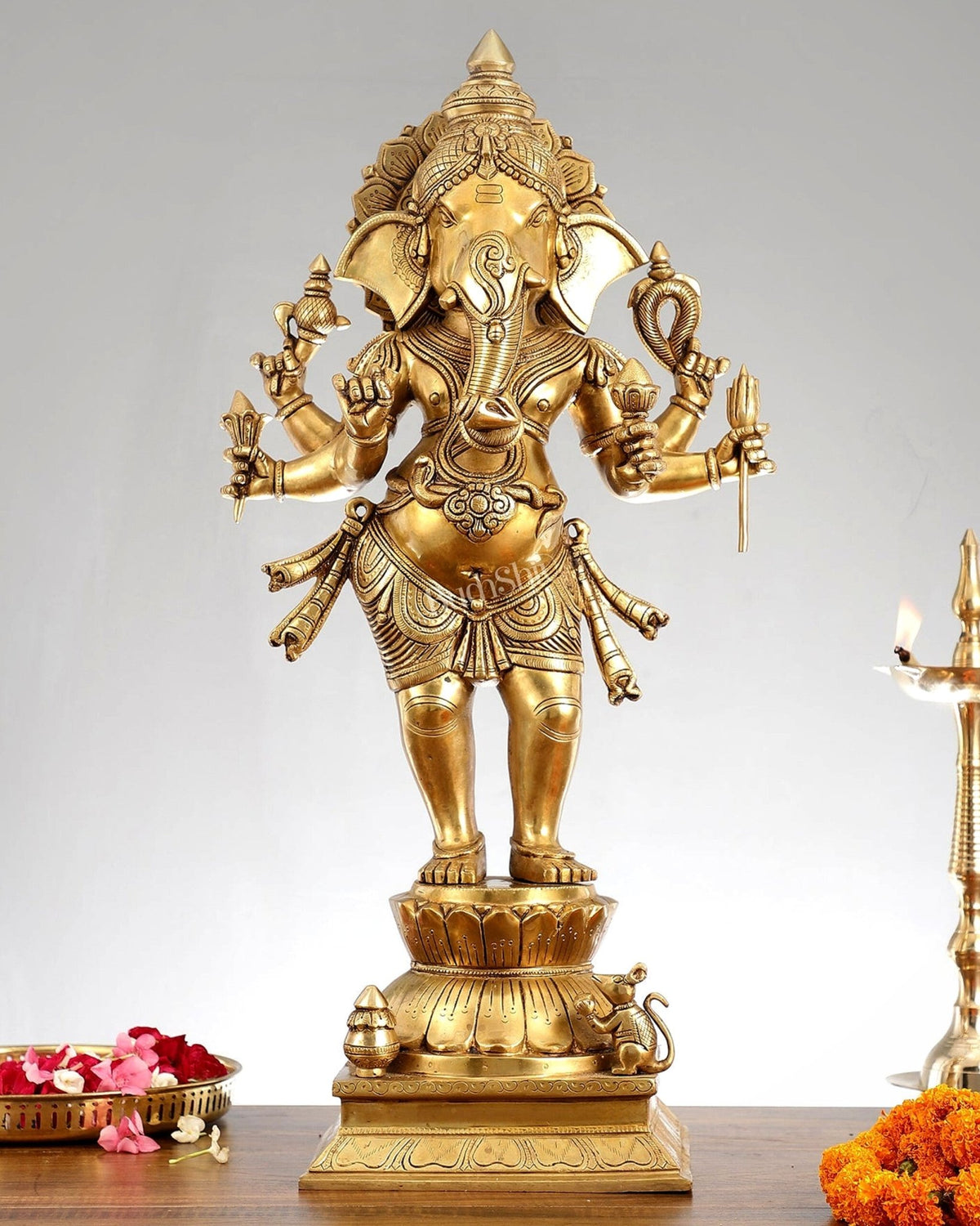 Superfine Brass Standing Ganesha Statue - 6 Arms, Shankh on Trunk - 26" Tall - Budhshiv.com