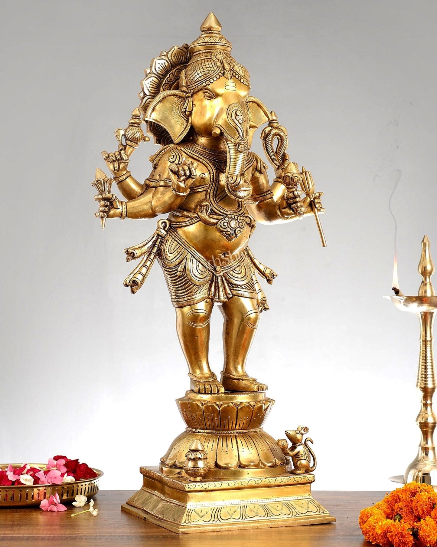 Superfine Brass Standing Ganesha Statue - 6 Arms, Shankh on Trunk - 26" Tall - Budhshiv.com