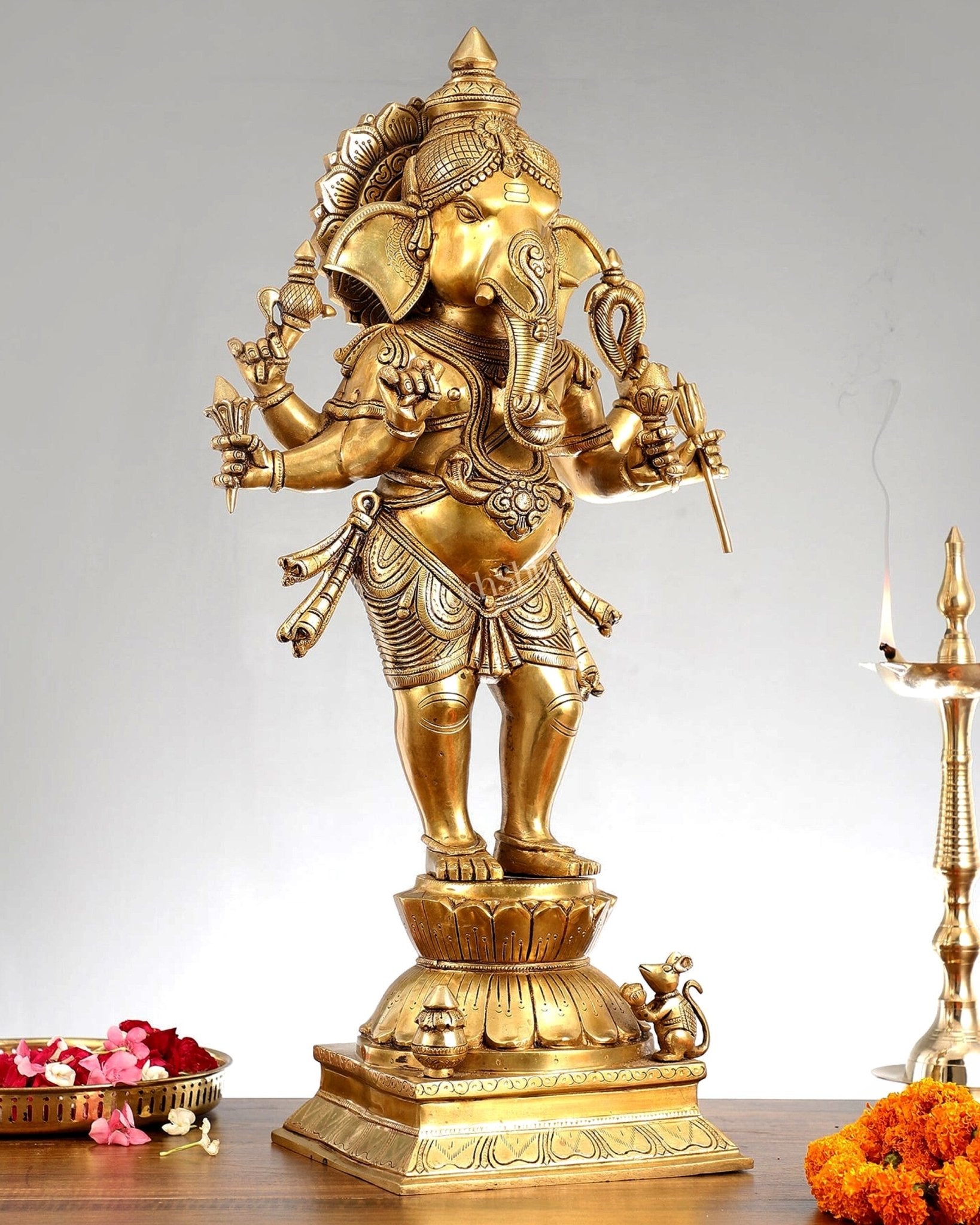 Superfine Brass Standing Ganesha Statue - 6 Arms, Shankh on Trunk - 26" Tall - Budhshiv.com