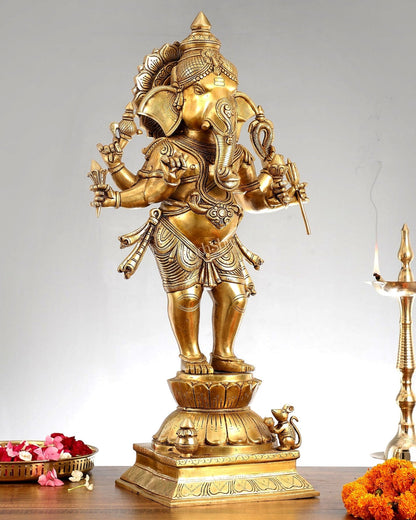 Superfine Brass Standing Ganesha Statue - 6 Arms, Shankh on Trunk - 26" Tall - Budhshiv.com