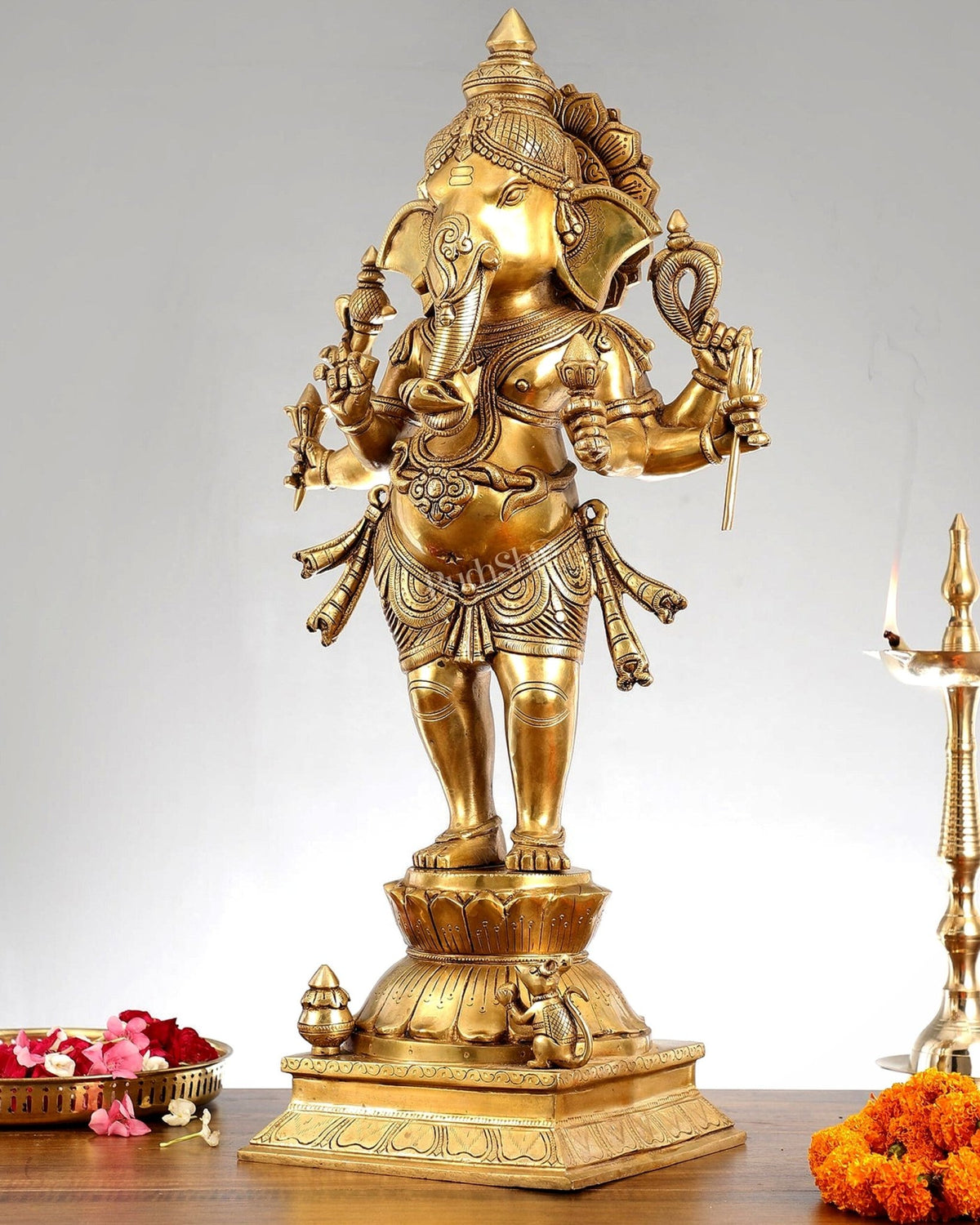 Superfine Brass Standing Ganesha Statue - 6 Arms, Shankh on Trunk - 26" Tall - Budhshiv.com