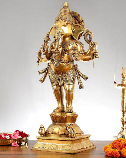 Superfine Brass Standing Ganesha Statue - 6 Arms, Shankh on Trunk - 26" Tall - Budhshiv.com