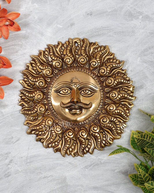 Superfine Brass Surya dev with moustache wall hanging 11" - Budhshiv.com