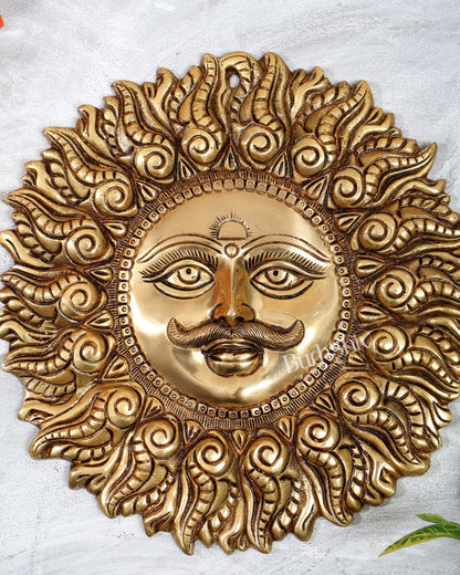 Superfine Brass Surya dev with moustache wall hanging 11" - Budhshiv.com