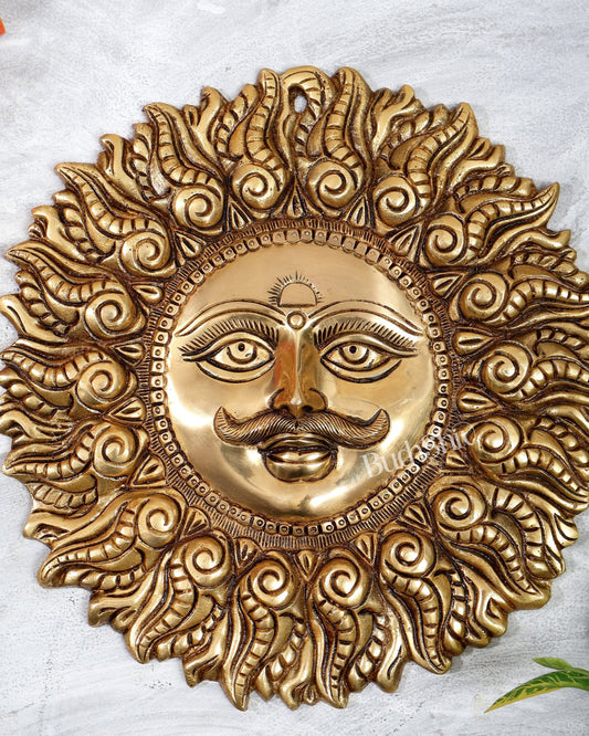 Superfine Brass Surya dev with moustache wall hanging 11" - Budhshiv.com