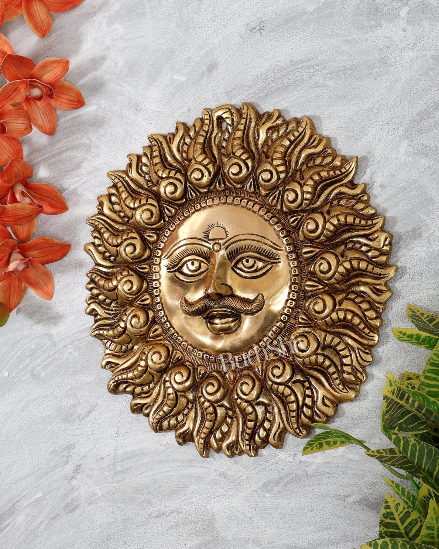 Superfine Brass Surya dev with moustache wall hanging 11" - Budhshiv.com