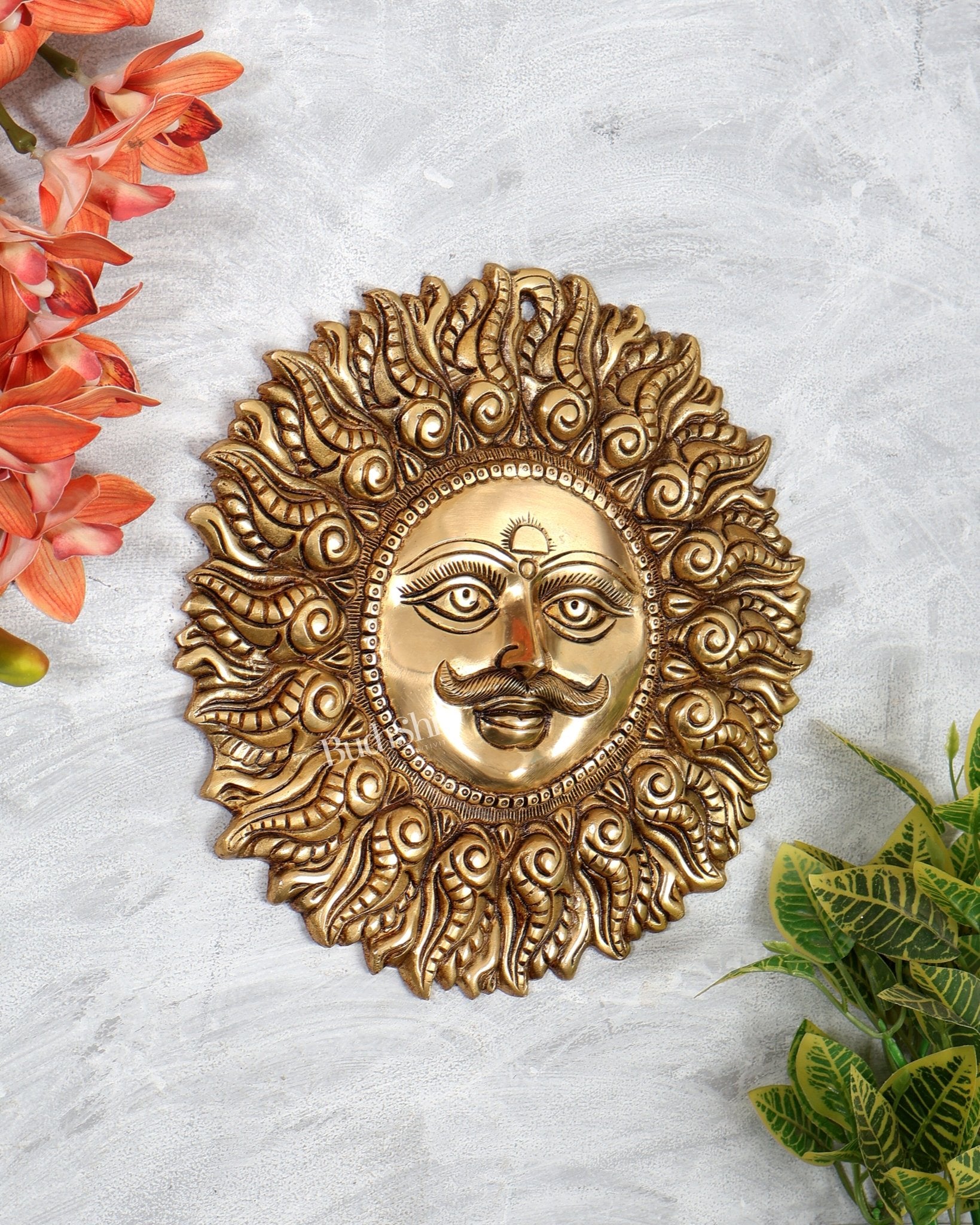 Superfine Brass Surya dev with moustache wall hanging 11" - Budhshiv.com