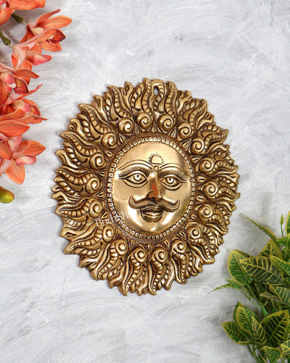 Superfine Brass Surya dev with moustache wall hanging 11" - Budhshiv.com