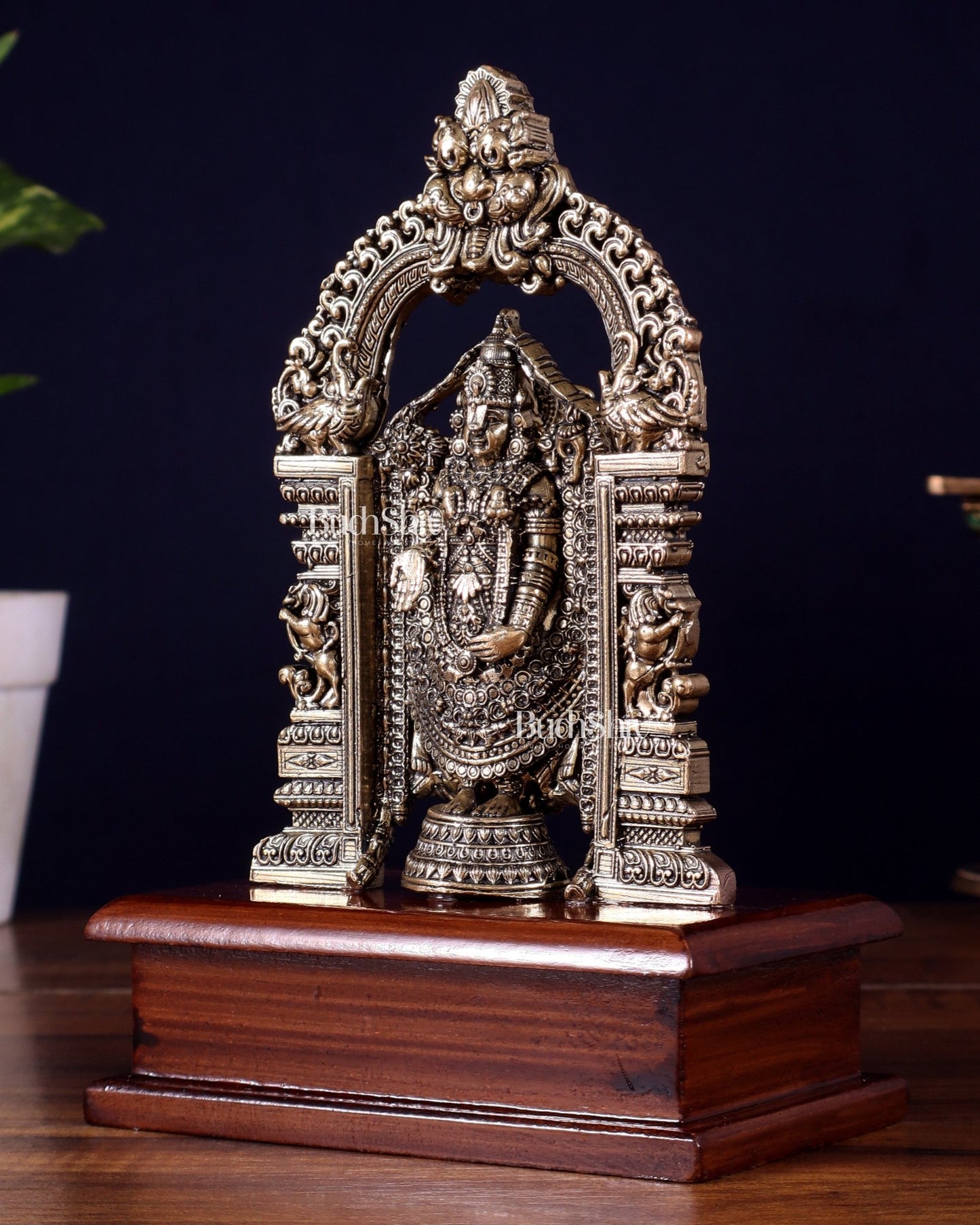 Superfine Brass Tirupati Balaji Idol on Wooden Base – 7.5 Inch - Budhshiv.com