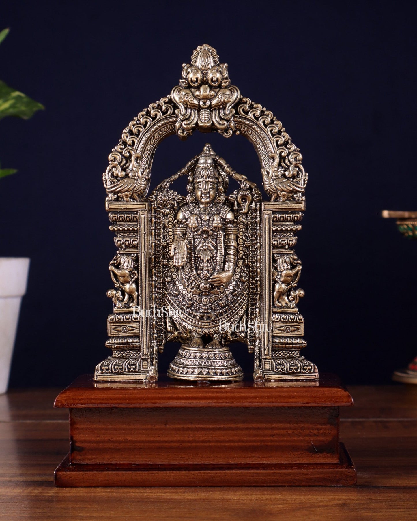Superfine Brass Tirupati Balaji Idol on Wooden Base – 7.5 Inch - Budhshiv.com