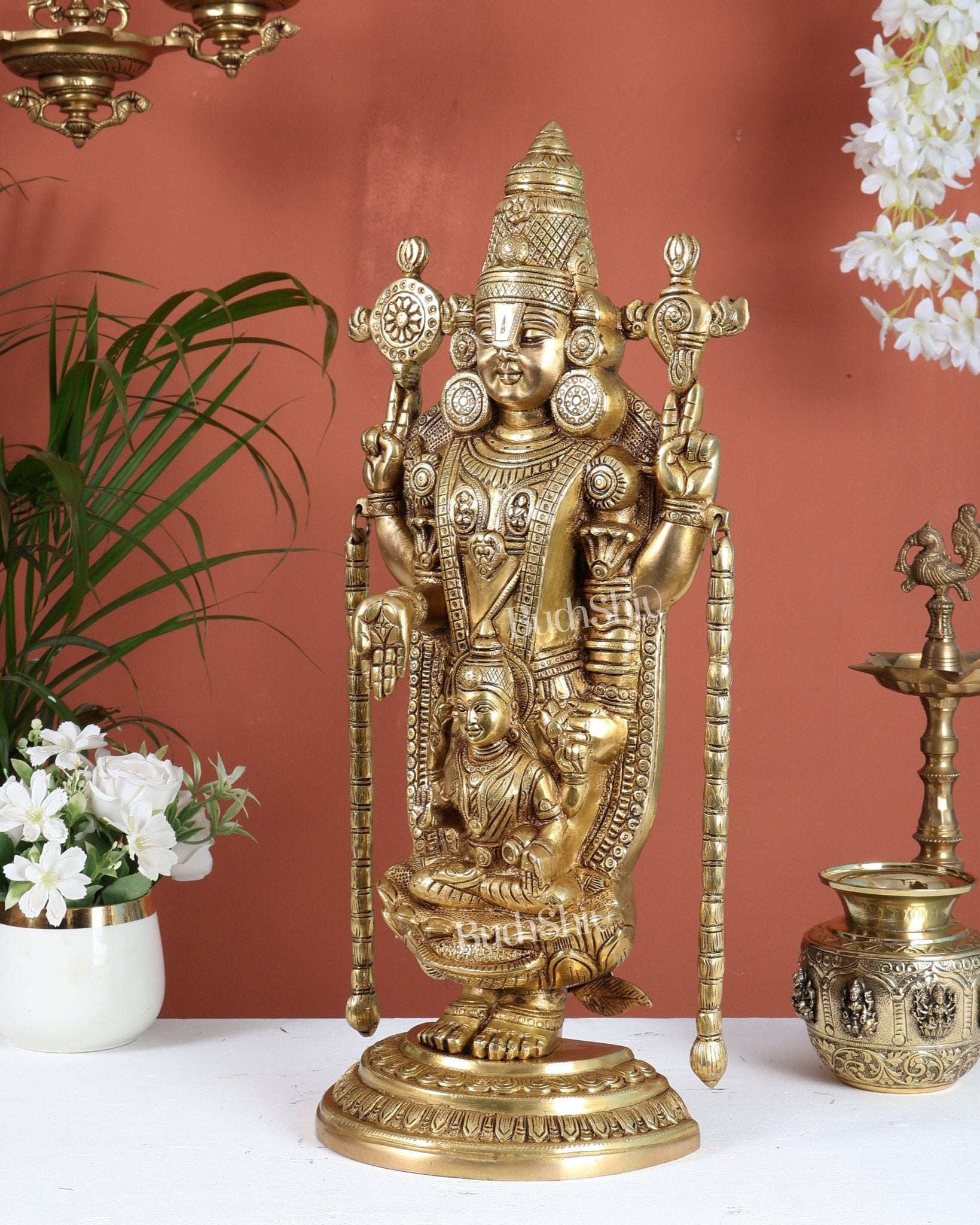Superfine Brass Tirupati Balaji Idol with goddess Lakshmi | Height 20 inch Antique tone - Budhshiv.com