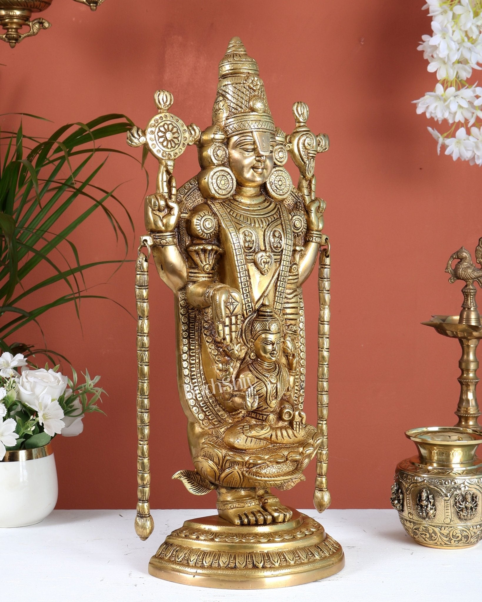 Superfine Brass Tirupati Balaji Idol with goddess Lakshmi | Height 20 inch Antique tone - Budhshiv.com