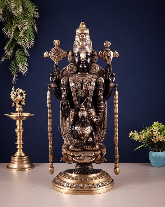 Superfine Brass Tirupati Balaji & Padmavati Idol | Antique Black & Gold Tone 20" - Budhshiv.com