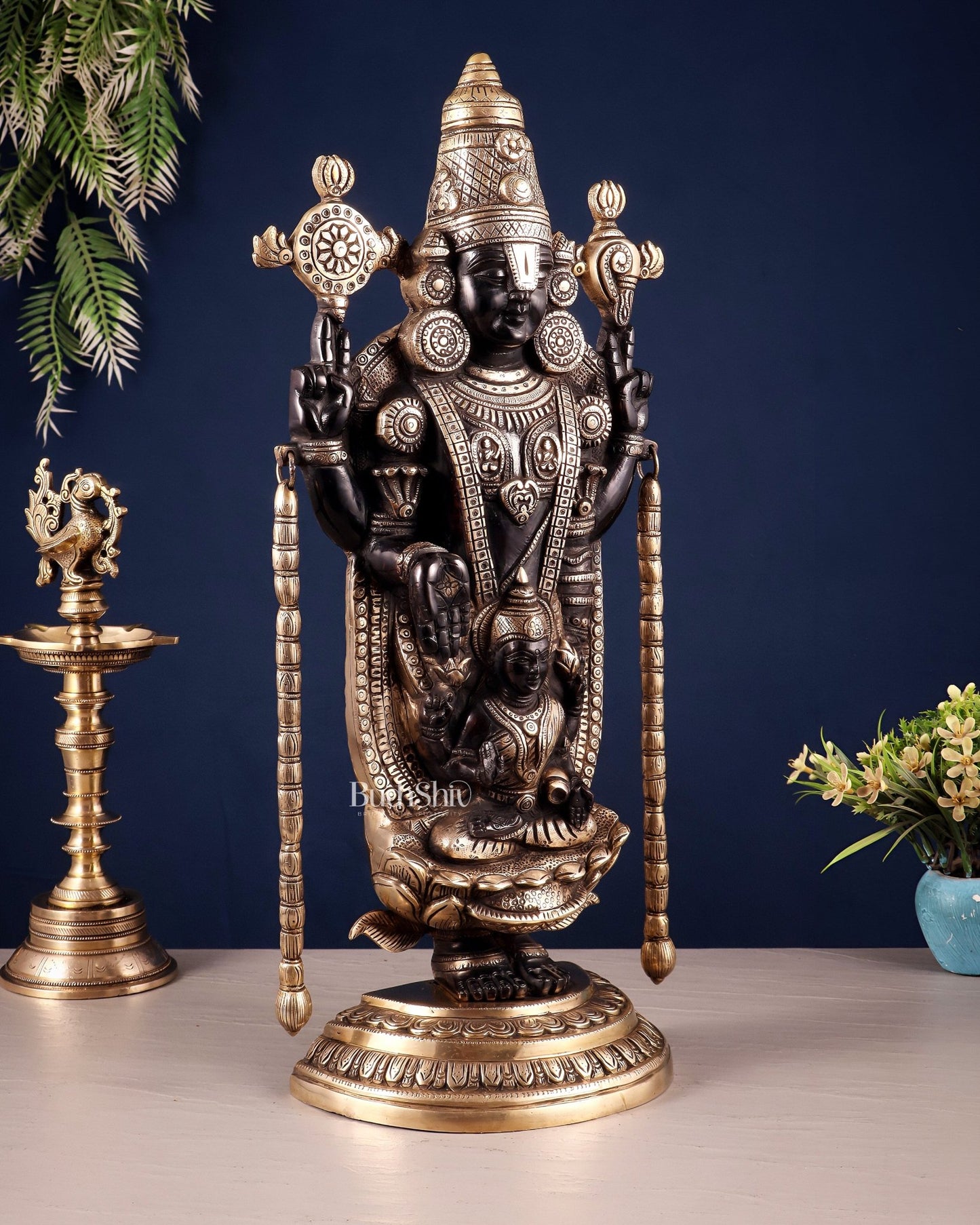 Superfine Brass Tirupati Balaji & Padmavati Idol | Antique Black & Gold Tone 20" - Budhshiv.com