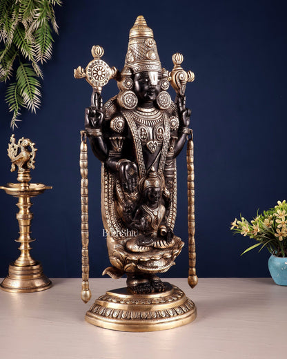 Superfine Brass Tirupati Balaji & Padmavati Idol | Antique Black & Gold Tone 20" - Budhshiv.com