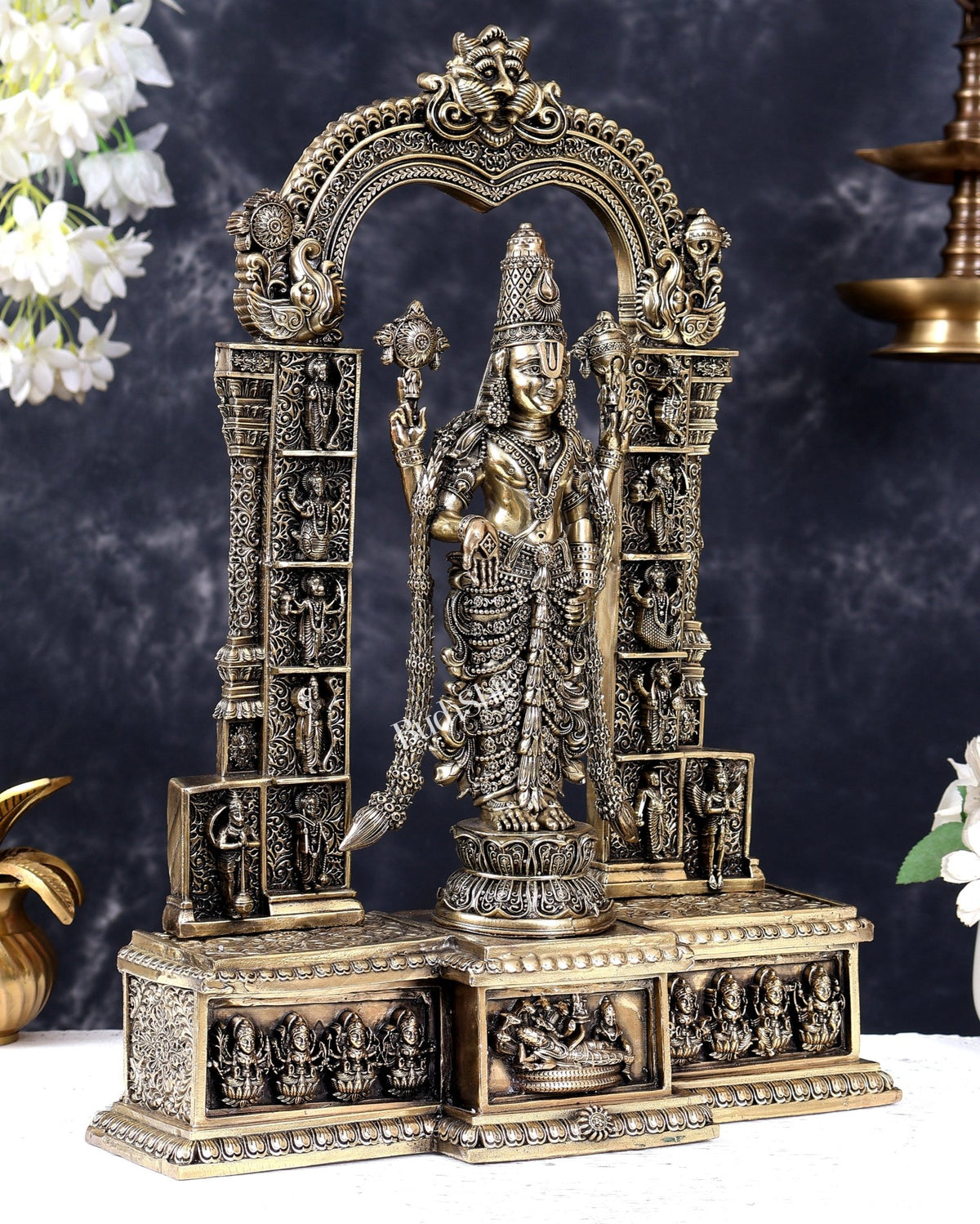 Superfine Brass Tirupati Balaji Statue with Dashavatar and Ashtalakshmi Carvings 16 inch - Budhshiv.com
