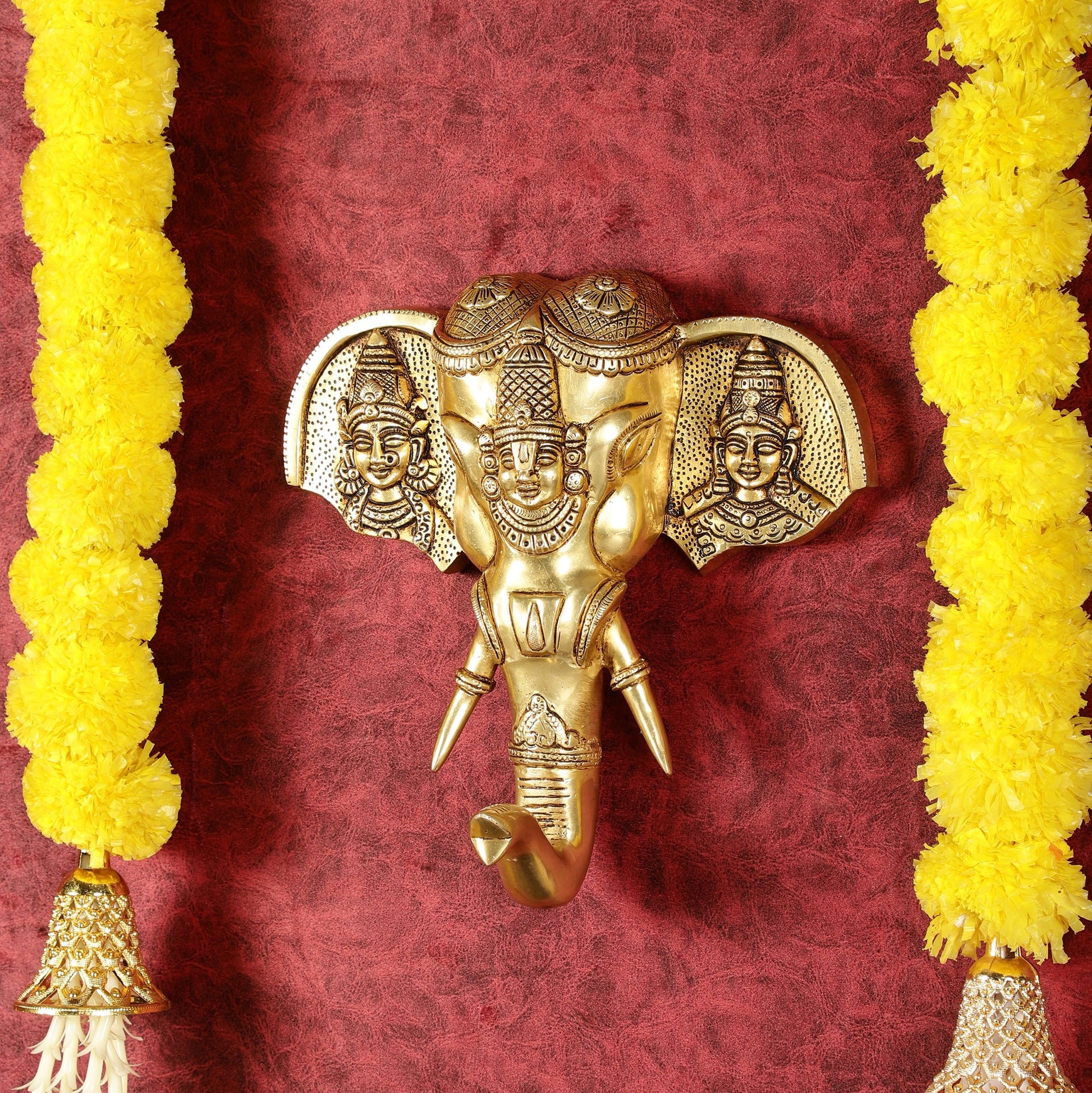 Superfine Brass Tirupati Balaji with Bhudevi and Sridevi Wall Hanging 11" - Budhshiv.com