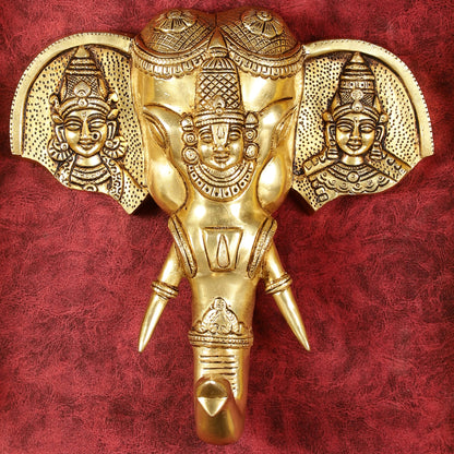Superfine Brass Tirupati Balaji with Bhudevi and Sridevi Wall Hanging 11" - Budhshiv.com