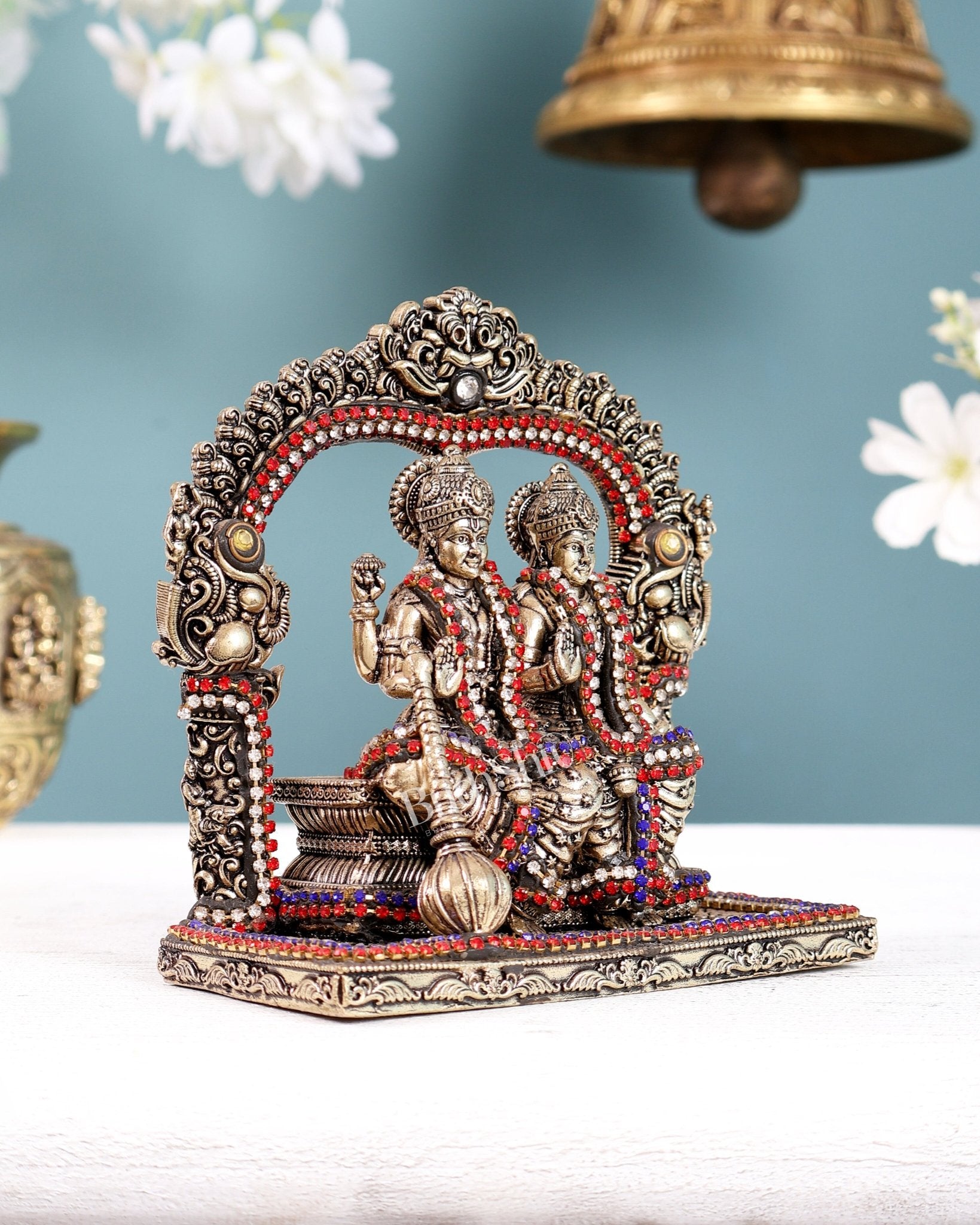 Superfine Brass Vishnu Lakshmi Sitting Statue - 5 inch with jewel work - Budhshiv.com