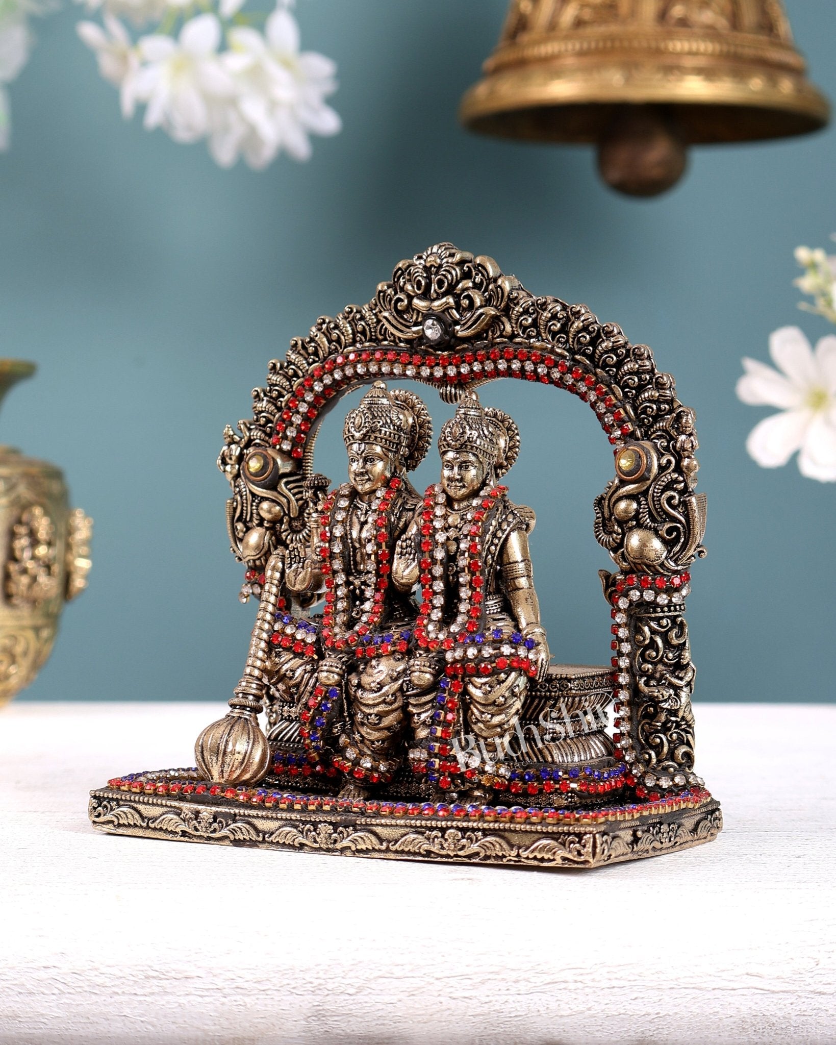 Superfine Brass Vishnu Lakshmi Sitting Statue - 5 inch with jewel work - Budhshiv.com