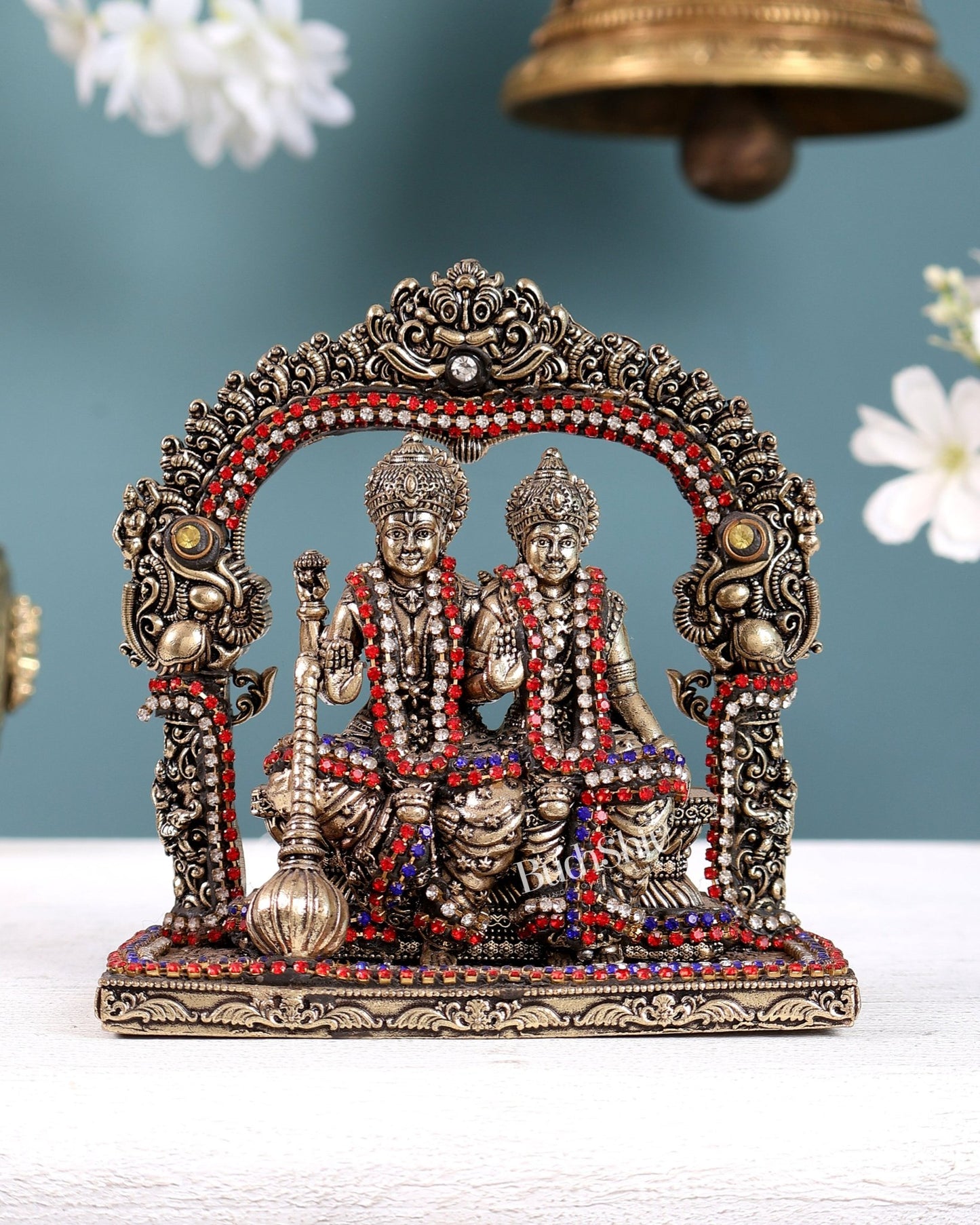 Superfine Brass Vishnu Lakshmi Sitting Statue - 5 inch with jewel work - Budhshiv.com