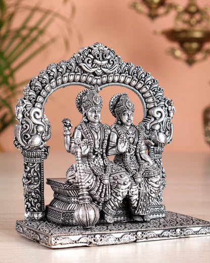 Superfine Brass Vishnu Lakshmi Sitting Statue - 5" silver plated - Budhshiv.com