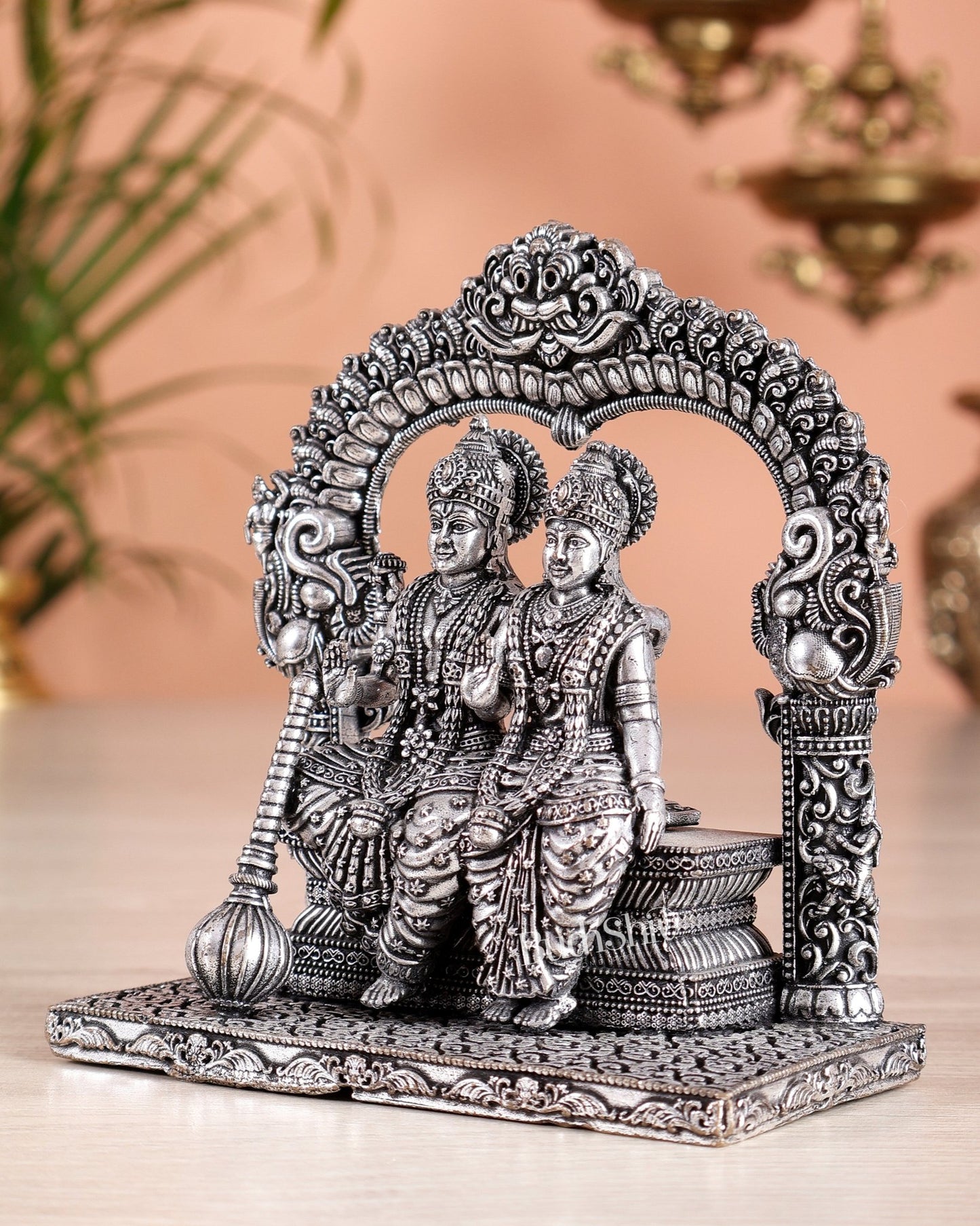 Superfine Brass Vishnu Lakshmi Sitting Statue - 5" silver plated - Budhshiv.com