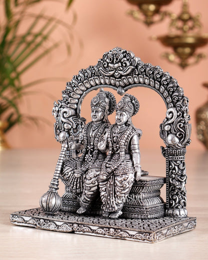 Superfine Brass Vishnu Lakshmi Sitting Statue - 5" silver plated - Budhshiv.com
