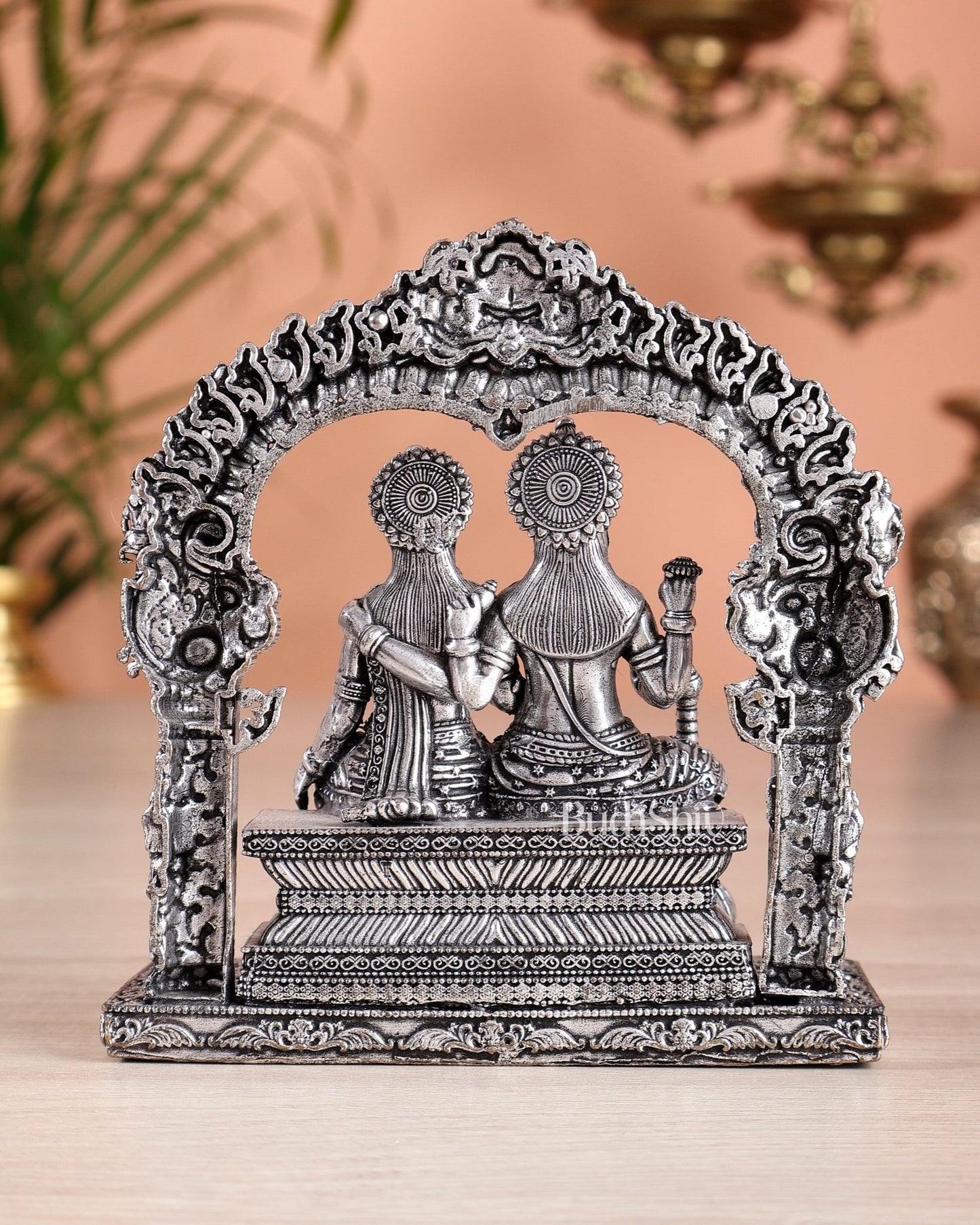 Superfine Brass Vishnu Lakshmi Sitting Statue - 5" silver plated - Budhshiv.com