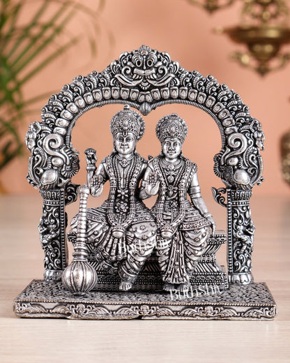 Superfine Brass Vishnu Lakshmi Sitting Statue - 5" silver plated - Budhshiv.com