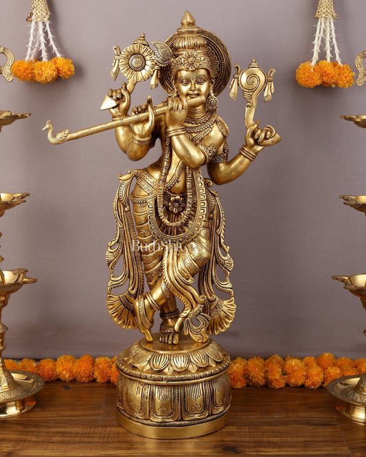 Superfine Brass Vishnu roopam Krishna Sculpture with Four Arms - 32.5 Inch - Budhshiv.com