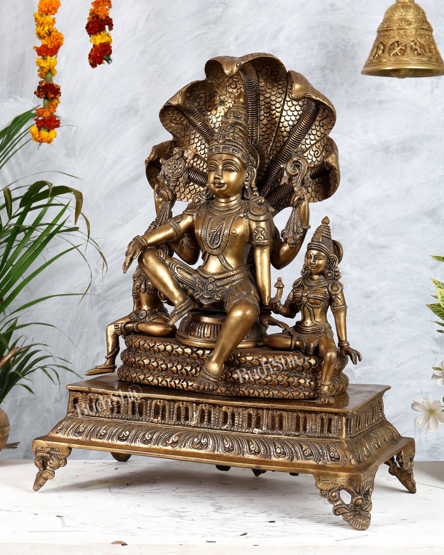 Superfine Brass Vishnu with Bhudevi and Sridevi Sitting Under Sheshanaaga - 20.5" - Budhshiv.com