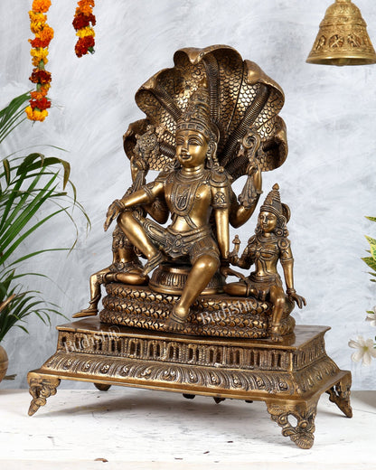 Superfine Brass Vishnu with Bhudevi and Sridevi Sitting Under Sheshanaaga - 20.5" - Budhshiv.com