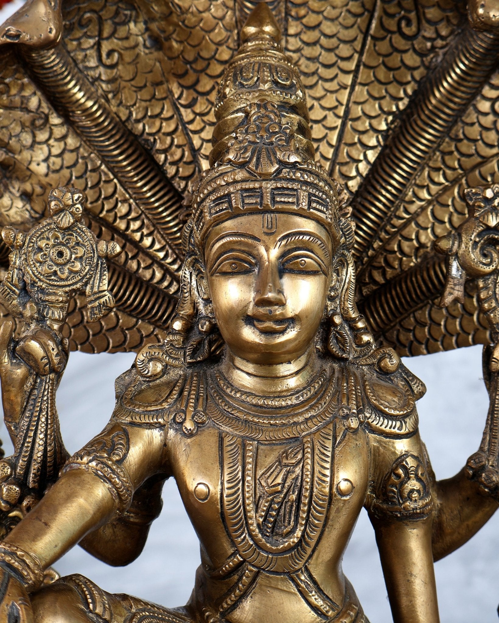 Superfine Brass Vishnu with Bhudevi and Sridevi Sitting Under Sheshanaaga - 20.5" - Budhshiv.com