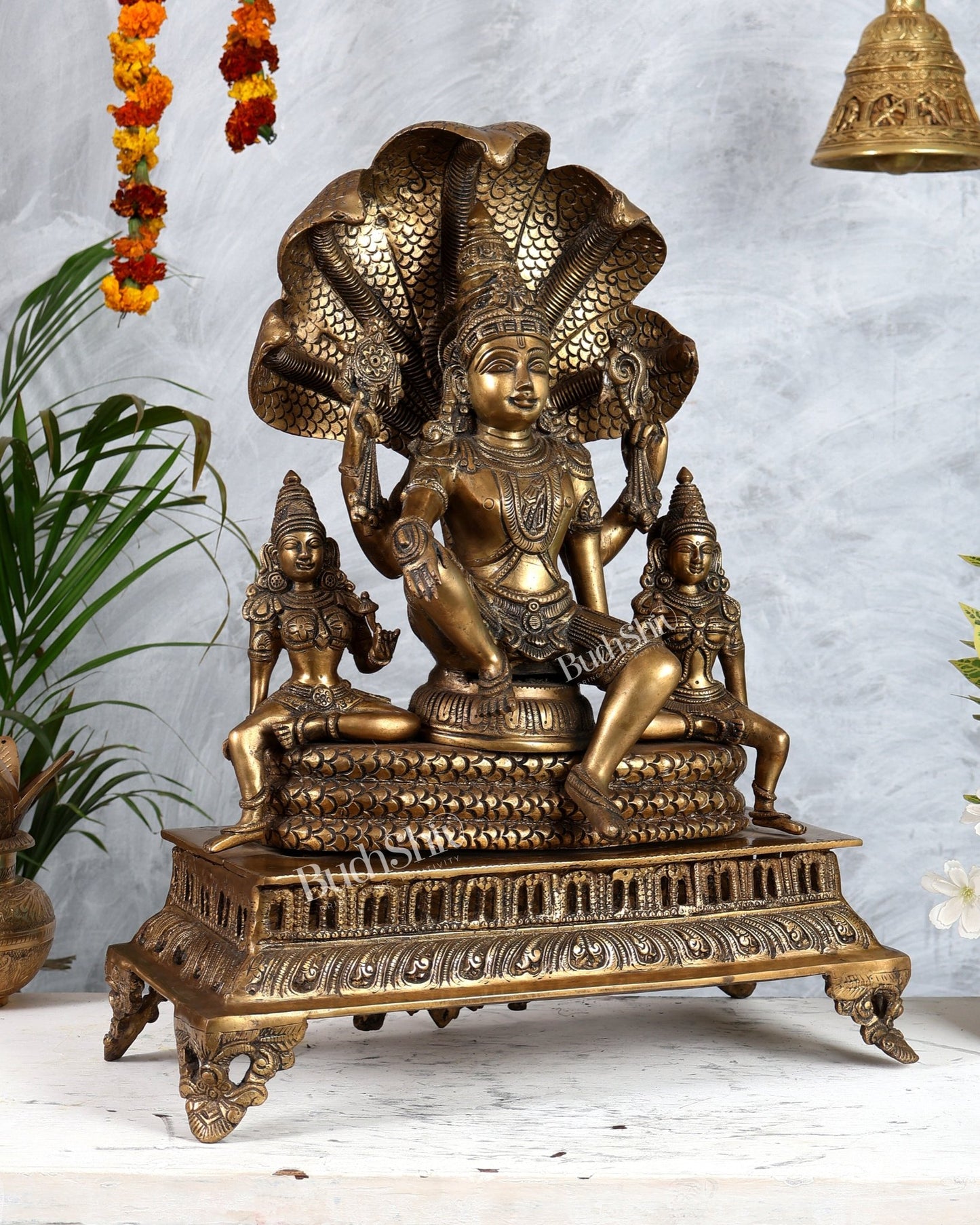 Superfine Brass Vishnu with Bhudevi and Sridevi Sitting Under Sheshanaaga - 20.5" - Budhshiv.com