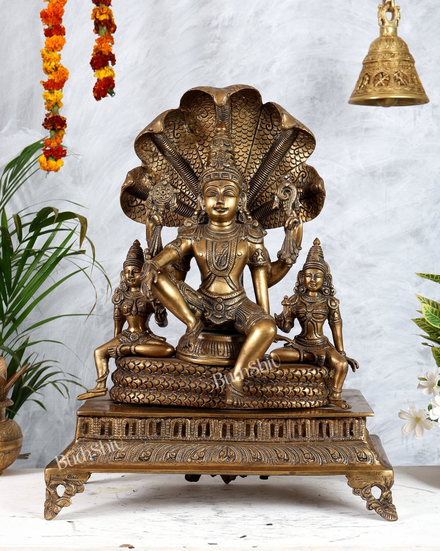 Superfine Brass Vishnu with Bhudevi and Sridevi Sitting Under Sheshanaaga - 20.5" - Budhshiv.com