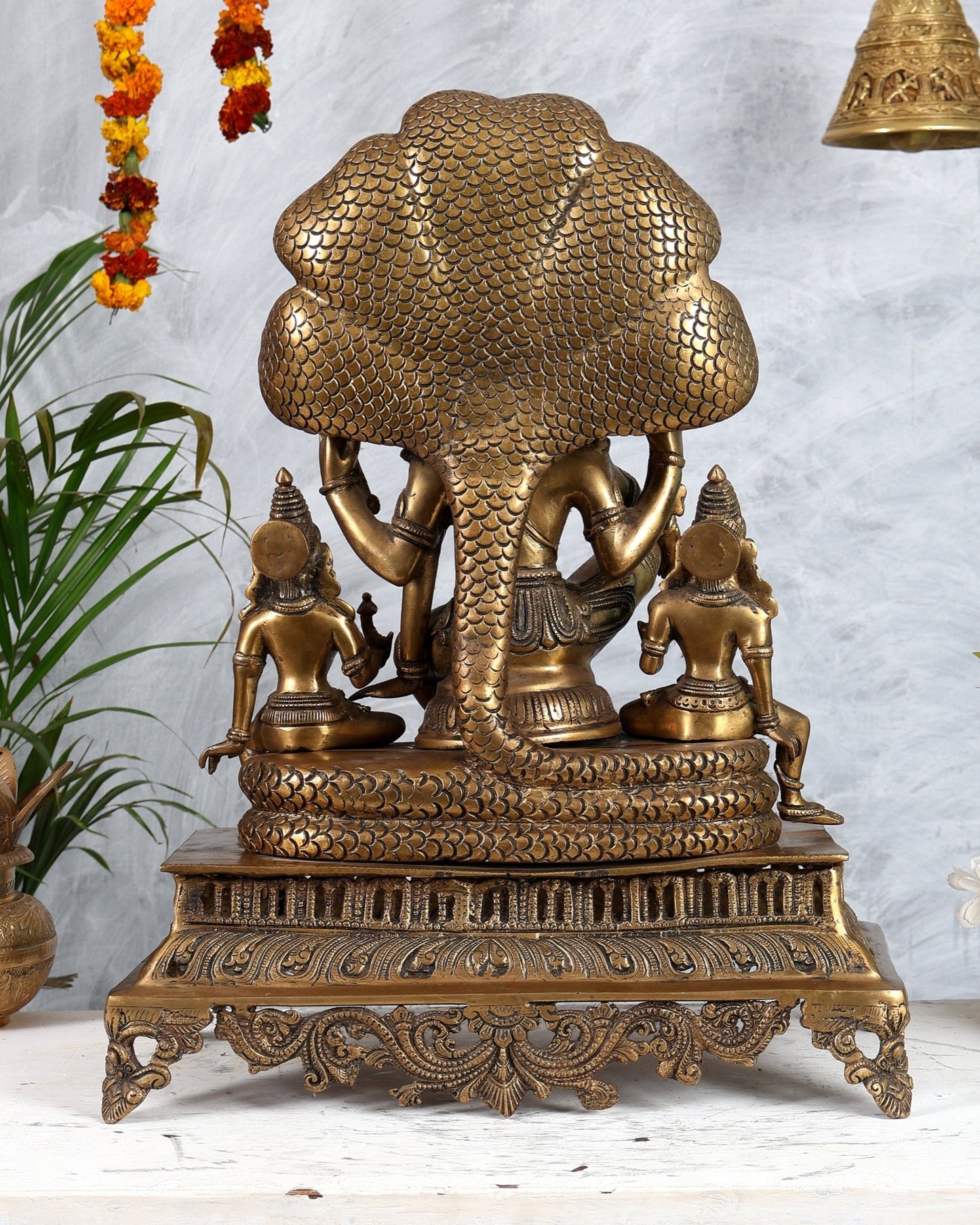 Superfine Brass Vishnu with Bhudevi and Sridevi Sitting Under Sheshanaaga - 20.5" - Budhshiv.com
