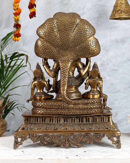 Superfine Brass Vishnu with Bhudevi and Sridevi Sitting Under Sheshanaaga - 20.5" - Budhshiv.com