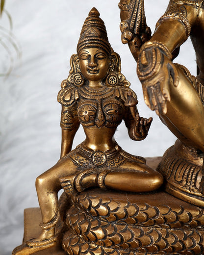 Superfine Brass Vishnu with Bhudevi and Sridevi Sitting Under Sheshanaaga - 20.5" - Budhshiv.com