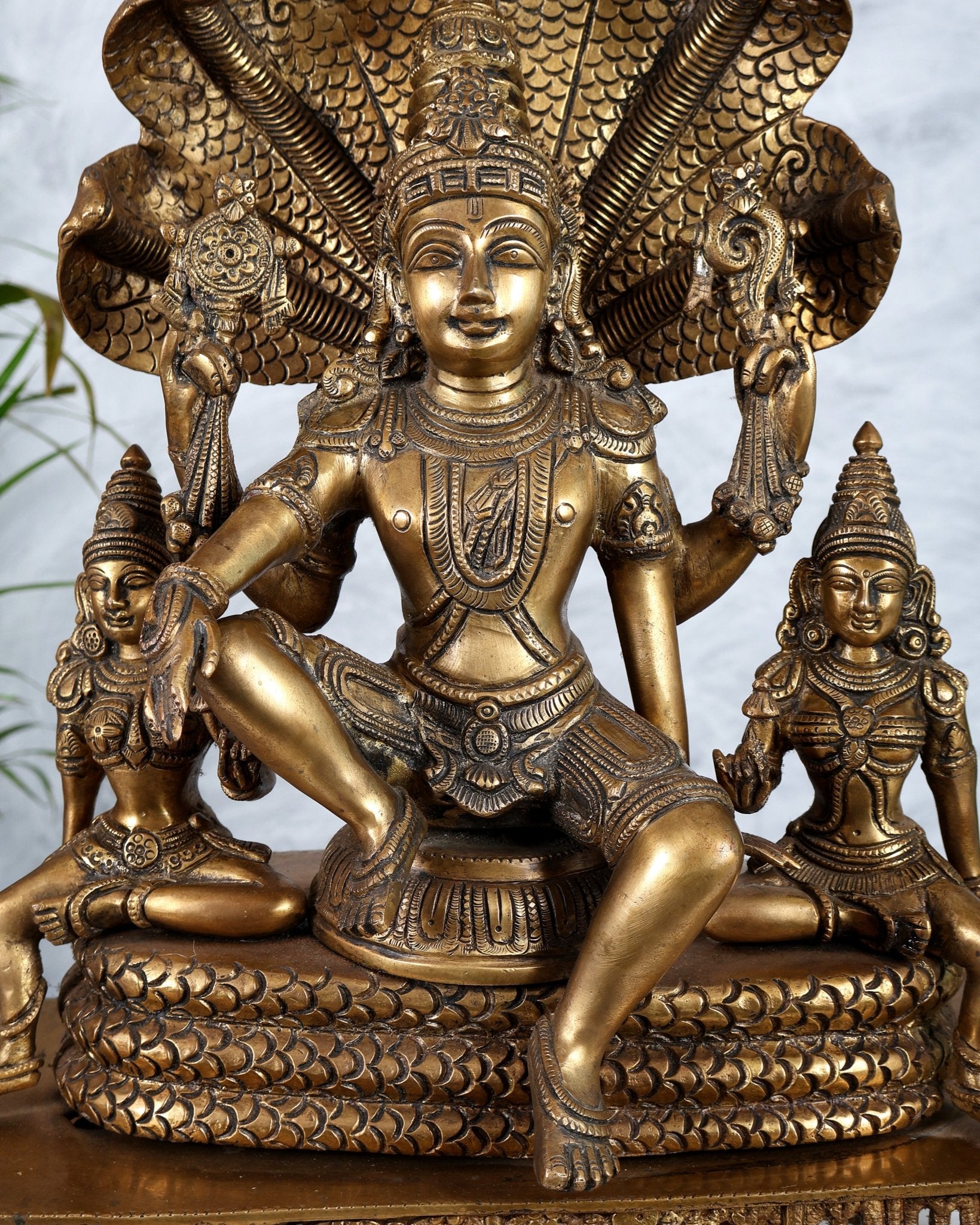 Superfine Brass Vishnu with Bhudevi and Sridevi Sitting Under Sheshanaaga - 20.5" - Budhshiv.com