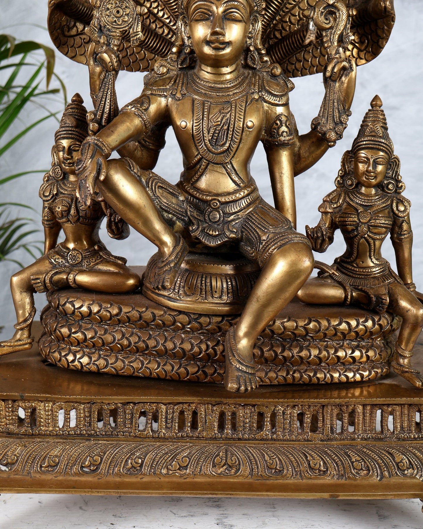 Superfine Brass Vishnu with Bhudevi and Sridevi Sitting Under Sheshanaaga - 20.5" - Budhshiv.com