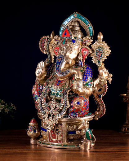Superfine Handcrafted Brass Ganesha Statue 23 inch floral stonework - Budhshiv.com