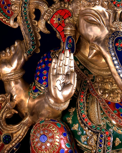 Superfine Handcrafted Brass Ganesha Statue 23 inch floral stonework - Budhshiv.com